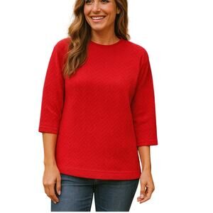 Cristina Red 3/4 Sleeve Chevron Textured Top Cotton Blend Medium